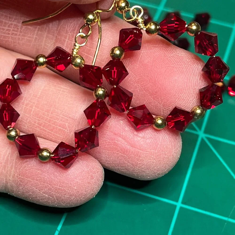 Swarovski Crystal Dangle Earrings| Red Crystal Hoop Earrings - Picture 4 of 9